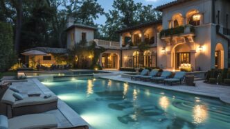 Durable underwater swimming pool lighting in the backyard of an upscale house.