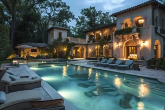 Durable underwater swimming pool lighting in the backyard of an upscale house.