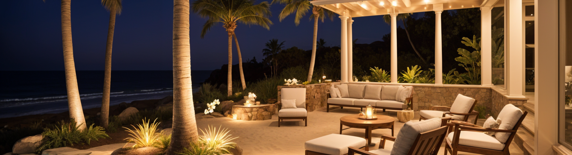 Palm tree overlooking a beach style backyard with accent downlights and uplights illuminating a patio.