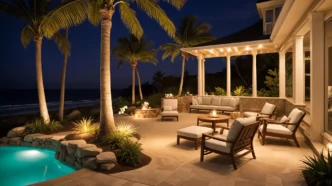 Palm tree overlooking a beach style backyard with accent downlights and uplights illuminating a patio.