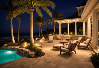 Palm tree overlooking a beach style backyard with accent downlights and uplights illuminating a patio.