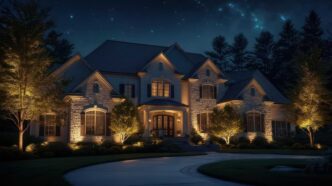 Beautiful two-story home bedecked by landscape lights under a star-specked sky.