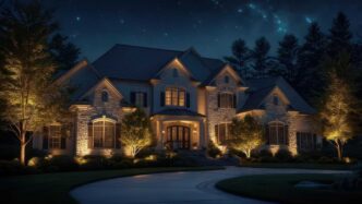 Beautiful two-story home bedecked by landscape lights under a star-specked sky.
