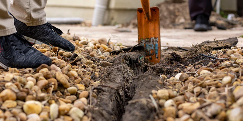 Burying wire in landscape lighting installation after digging trench.