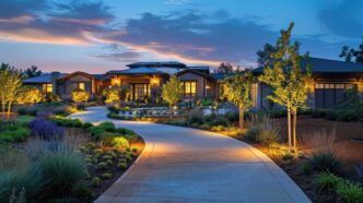 Long, wide driveway flanked by path lights leading to an opulent home festooned with lights amid a picturesque sunset backdrop.