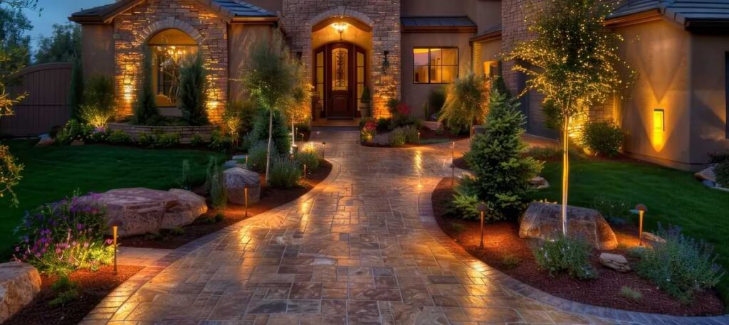 Path lights flanking a brick walkway leading to a glamorous, sophisticated suburban home bedecked with landscape lights throughout the property.