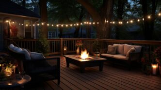 bistro string lights adorning a residential deck surrounding a fire