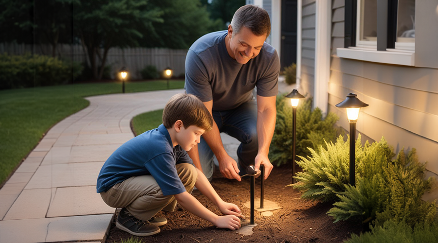 Father and young son placing path lights between a walkway and the side of a vinyl-coated house.