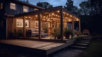 Outdoor pergola-style patio with string lights woven throughout the pergola rafters.