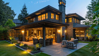 Opulent house with patio lighting at dusk.