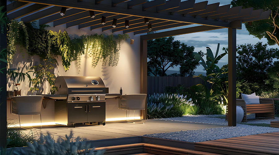 Barbecue pit under a pergola style patio with downlighting options above and plants festooned against the backdrop behind the barbecue pit.