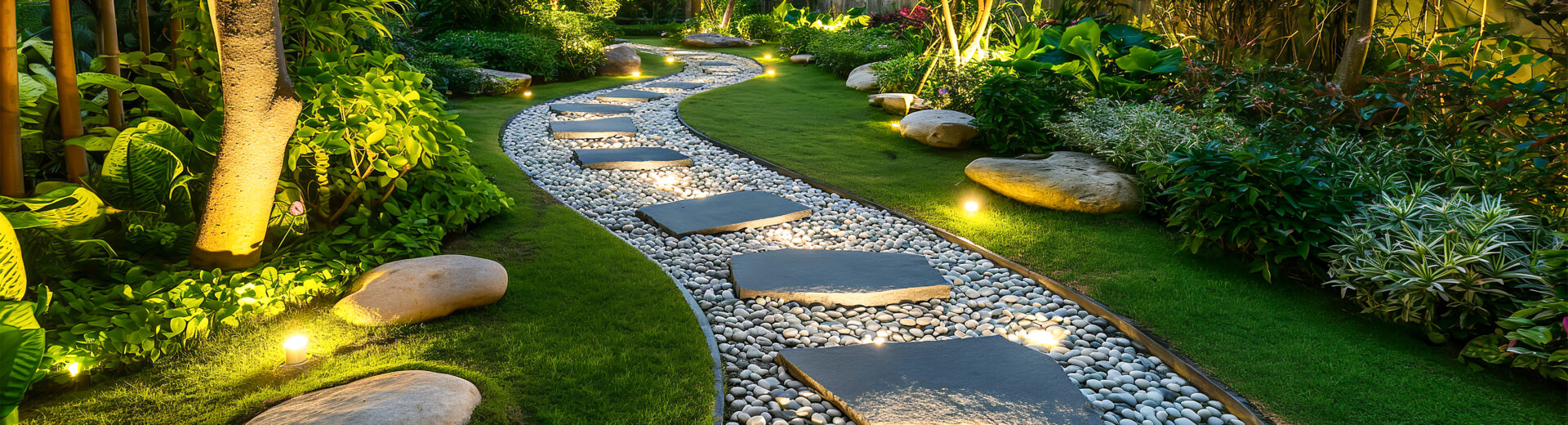 An elaborate backyard scene focusing on pathway that consists of gravel and stepping stones with in-ground lights uplighting path.