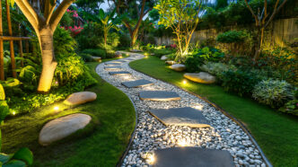 An elaborate backyard scene focusing on pathway that consists of gravel and stepping stones with in-ground lights uplighting path.