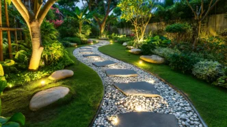 An elaborate backyard scene focusing on pathway that consists of gravel and stepping stones with in-ground lights uplighting path.