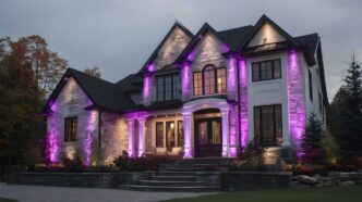 Front of extravagant suburban home with 6 purple vertical lights lining the front of the house.