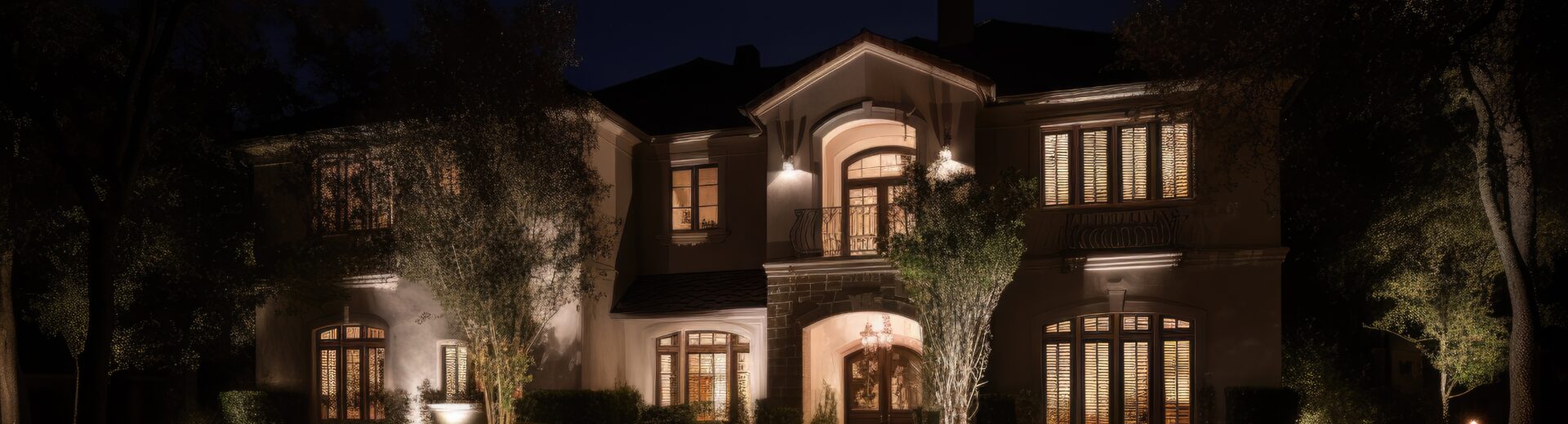 Modern upper middle class home peppered with accent lights, flood lights, path lights, and wall wash lights for home security.