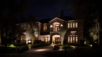 Modern upper middle class home peppered with accent lights, flood lights, path lights, and wall wash lights for home security.