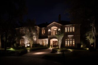 Modern upper middle class home peppered with accent lights, flood lights, path lights, and wall wash lights for home security.