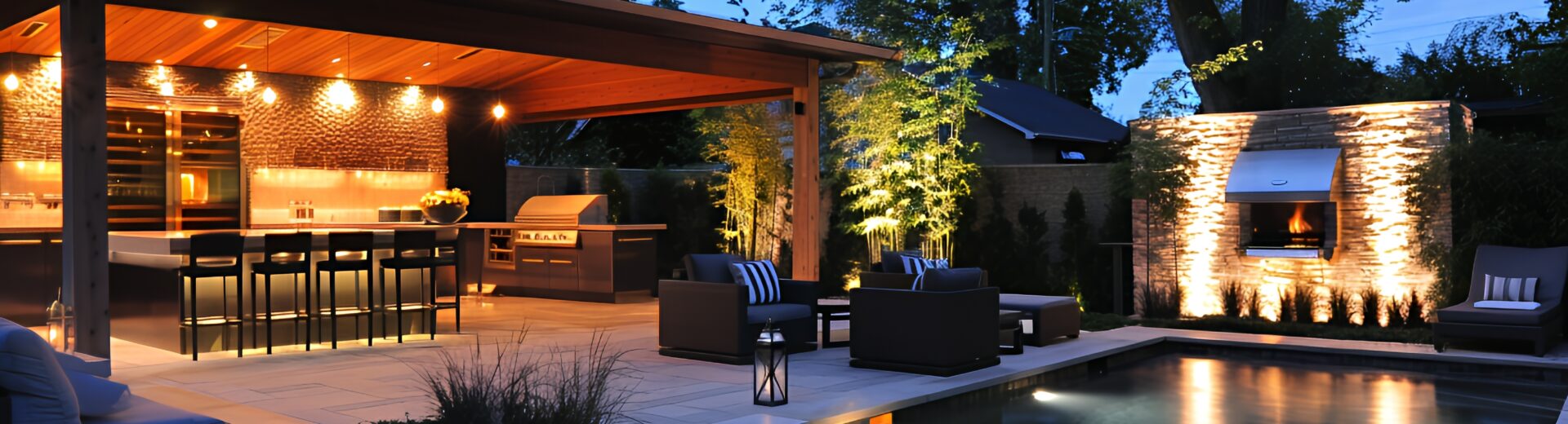 Luxurious pool-adjacent outdoor kitchen elegantly festooned with landscape lighting.