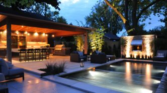 Luxurious pool-adjacent outdoor kitchen elegantly festooned with landscape lighting.