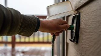 Man plugging cord into outside electrical outlet.