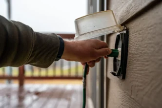 Man plugging cord into outside electrical outlet.