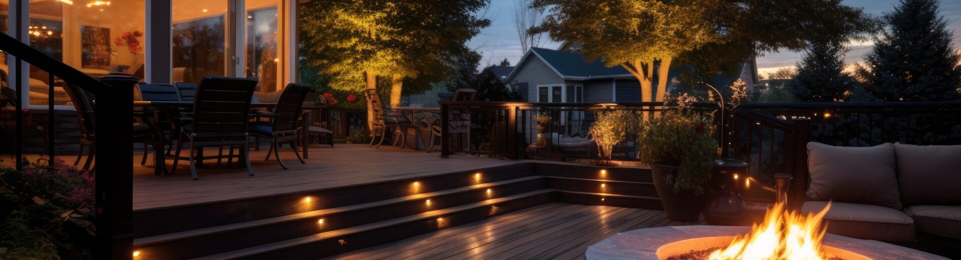 Residential deck or patio illuminated with step lights for small space lighting.