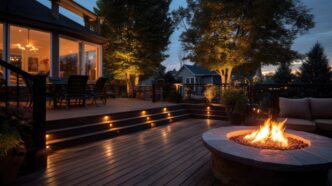 Residential deck or patio illuminated with step lights for small space lighting.