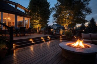 Residential deck or patio illuminated with step lights for small space lighting.