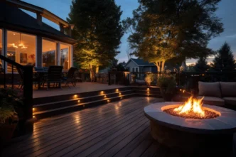 Residential deck or patio illuminated with step lights for small space lighting.