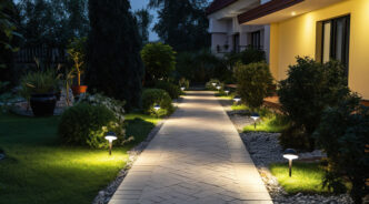 Path lights lining both sides of a broad sidewalk.