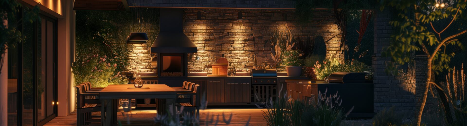 Task lighting illuminating an outdoor kitchen and dining area with subtle downlighting.