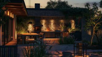 Task lighting illuminating an outdoor kitchen and dining area with subtle downlighting.