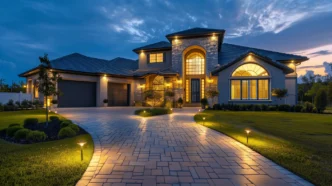 ADA compliant lighting lining a brick driveway leading to a modern suburban home.