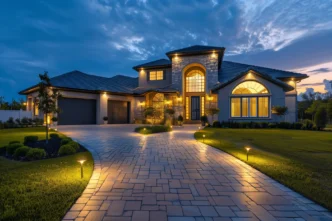 ADA compliant lighting lining a brick driveway leading to a modern suburban home.