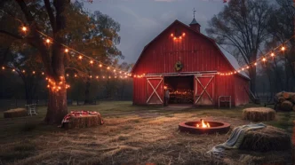 A red barn with doors open for a party with barn string lights to a nearby tree and a fire pit with hay bales around with blankets over them festive atmosphere for a hoedown.