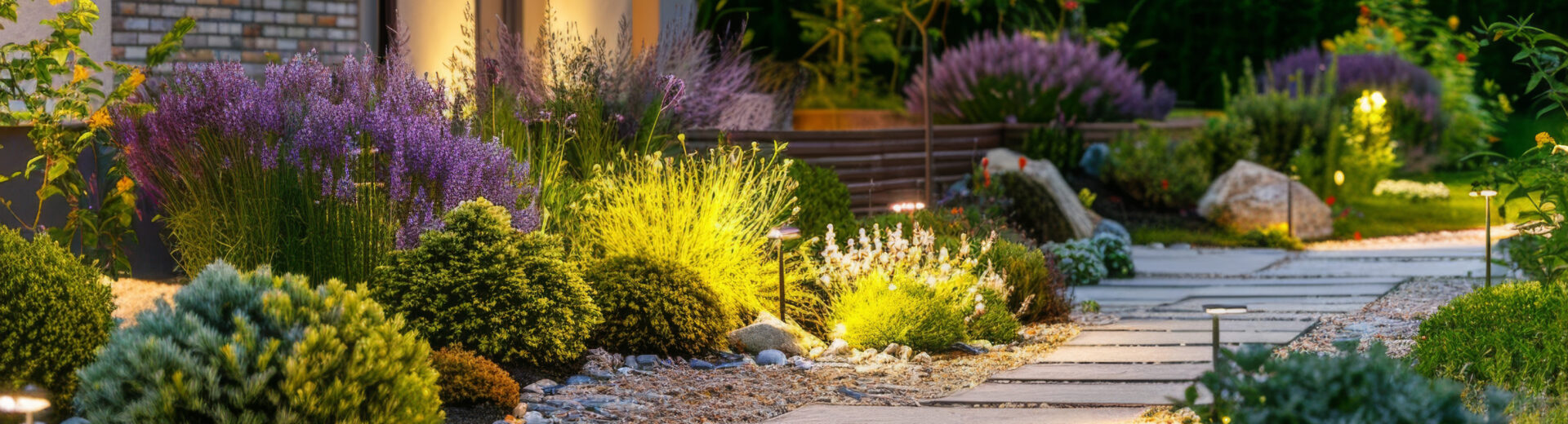 Stylish home exterior with lit garden lights and garden path lights.