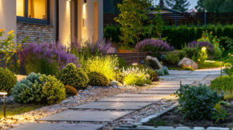 Stylish home exterior with lit garden lights and garden path lights.