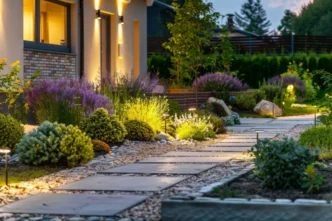 Stylish home exterior with lit garden lights and garden path lights.