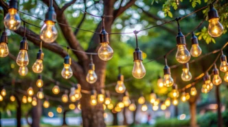 Outdoor string LED lights suspended throughout trees.