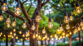 Outdoor string LED lights suspended throughout trees.