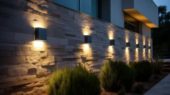 Outside sconce light fixtures lining a stone residential exterior.