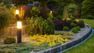 Tiered backyard garden with LED bollard lights providing a beautiful layered lighting design.