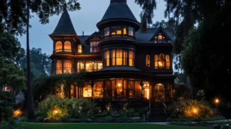 A Victorian style house illuminated by path lights, accent lights, and and other outdoor lighting at sunset.