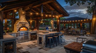 Rustic suburban farmhouse with a covered outdoor kitchen, complete with a wood-fired pizza oven, stone countertops, and a dining area surrounded by modern lighting style.