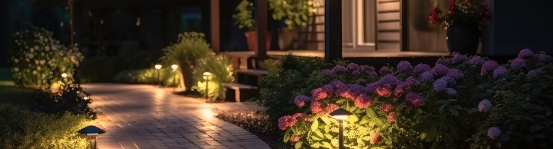 Path lights with small beam spreads illuminating a walkway in front of residential house.