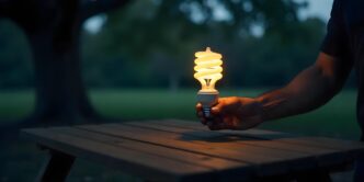 Person holding an illuminated CFL bulb over a park picnic table.