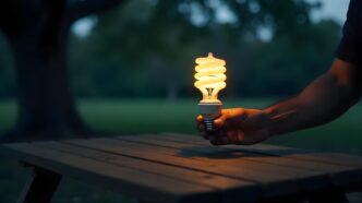 Person holding an illuminated CFL bulb over a park picnic table.