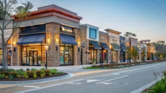 Modern shopping center with outdoor sconce lights and accent lights illuminating it's facade and brickwork at dusk.