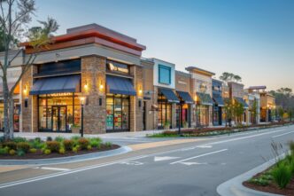 Modern shopping center with outdoor sconce lights and accent lights illuminating it's facade and brickwork at dusk.